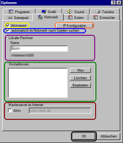 Ein Screenshot des Netzwerkbereichs der Optionen von Clonk.